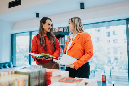 Two women in a bright bookstore share a friendly conversation while browsing books togetherの写真素材
