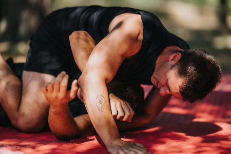 Two male athletes grapple on a red outdoor wrestling mat in a intense matchの写真素材