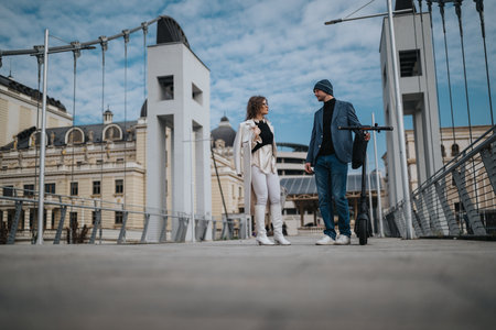 Two stylish city dwellers on a modern bridge with scooter in urban settingの写真素材