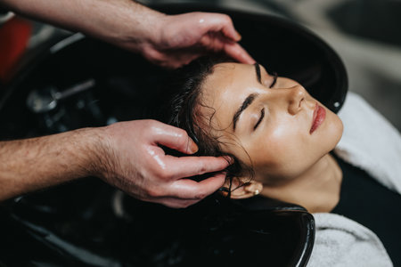 Relaxing hair wash at a stylish salon with a calm, pampered client in a spa-like settingの写真素材