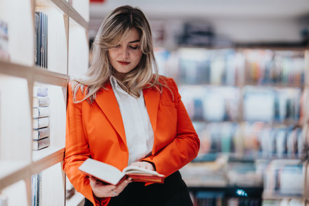 Woman in an orange blazer reads a book in a bookstore, showcasing focus and styleの写真素材