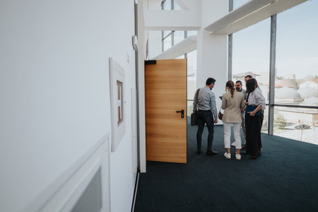 Group of colleagues in a modern office hallway preparing for a meeting near large windowsの写真素材
