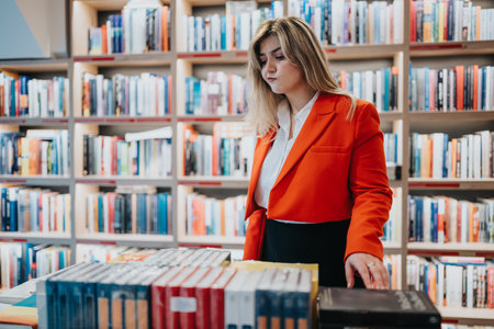 Woman in a red blazer browses books in a bright modern bookstore setting during afternoon shoppingの写真素材