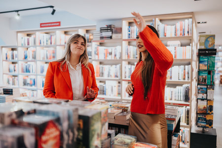 Two women in a bookstore chatting and gesturing among shelves and colorful displaysの写真素材