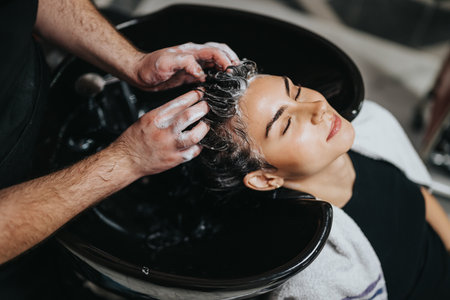 Woman enjoys a relaxing hair wash in a modern beauty salon during a spa treatmentの写真素材