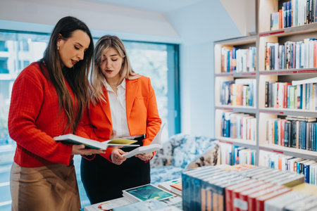 Two women in a bright bookstore browse books together, sharing notes and ideas in a stylish, collaborative momentの写真素材