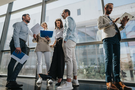 Business team collaborates in a modern office lobby, reviewing documents and planning a meetingの写真素材