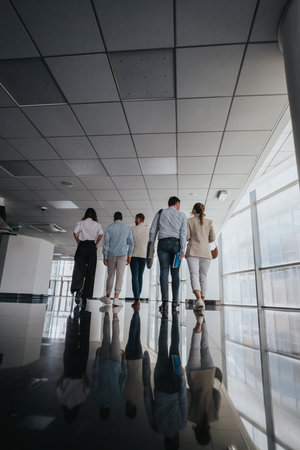 Group of coworkers walking in a bright modern office corridor with reflections on the floorの写真素材
