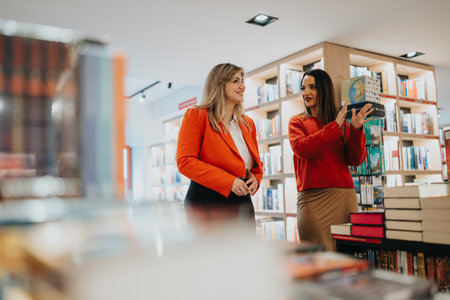 Two women chat in a bright bookstore, enjoying conversation among colorful shelves and stacks of booksの写真素材
