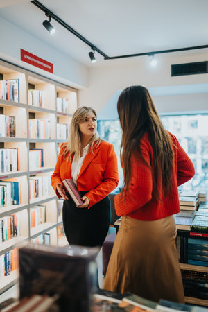 Women in a bookstore chat, exchanging ideas among bright shelves of booksの写真素材