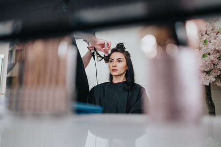 Portrait of a woman receiving a stylish salon haircut from a professional stylist in a modern studioの写真素材