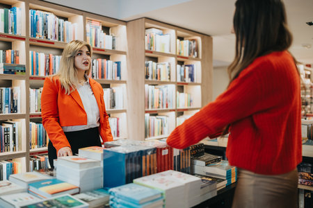 Two women in a bookstore converse near a display of booksの写真素材