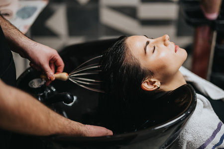 Woman relaxing at salon while hair is washed in a professional sink by stylistの写真素材