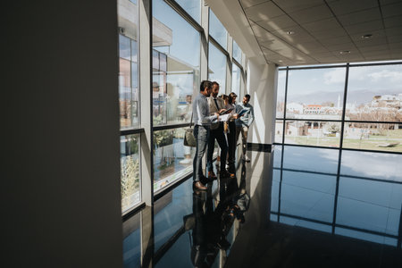 Group of professionals reviewing documents in a modern glass office building hallwayの写真素材