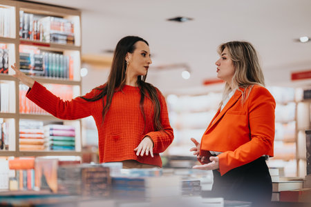 Two women in a bookstore discuss books and ideas among colorful shelves in red and orange outfitsの写真素材