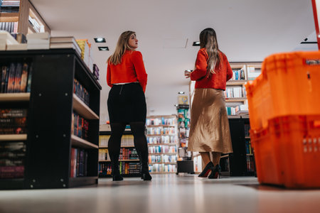 Two women in a bookstore wearing red jackets explore shelves and chat among colorful booksの写真素材