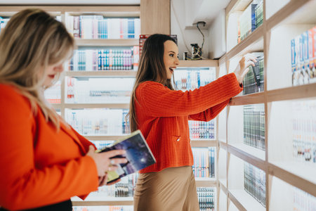 Two women in a bright bookstore, one browsing shelves and the other reading a tabletの写真素材