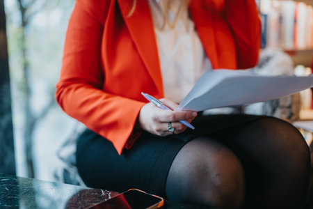 Woman in an orange blazer sits in a bookstore, reviewing papers with a pen, focused and stylishの写真素材