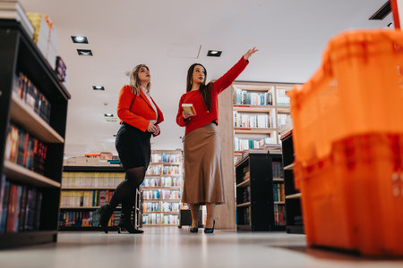 Two women in a book store discuss a book while one gestures toward a displayの写真素材