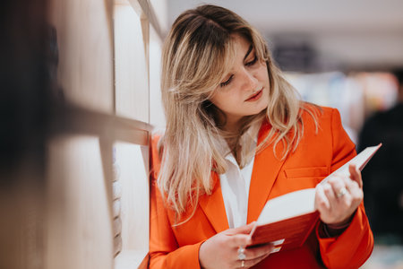 Woman in orange blazer reads a red book in a bookstore, focused and stylishの写真素材