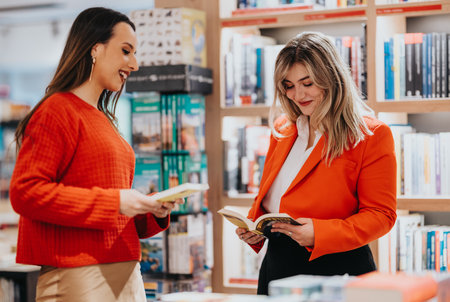 Two women in a bookstore share a moment while browsing and reading books together happilyの写真素材