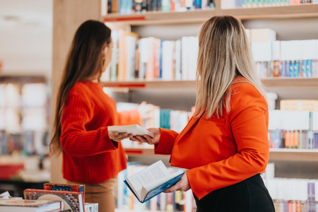 Two women in a bookstore exchange books and explore shelves in a bright, modern shopの写真素材
