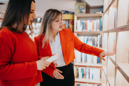 Two women in a bookstore explore shelves, one in a bright orange blazer guiding the selectionの写真素材