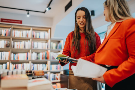 Two women in a bookstore browse shelves and discuss a book togetherの写真素材