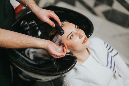 Woman receives a hair wash at a salon as a stylist rinses with a gentle handheld showerの写真素材