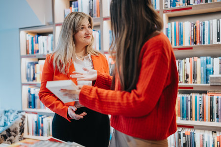 Women in a bookstore exchange a book during a friendly conversation in a bright, cozy shopの写真素材