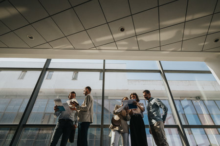 Group of professionals collaborating in a modern office building, reviewing documents and sharing ideasの写真素材
