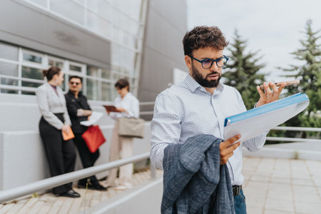 Businessperson reviewing documents while speaking on phone in outdoor office settingの写真素材