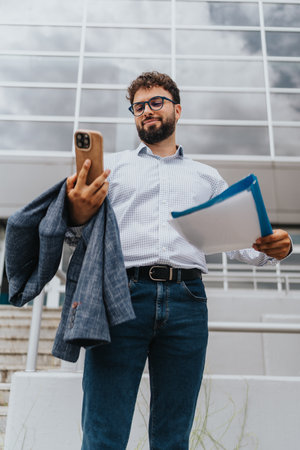 Confident businessman taking a selfie outside a modern glass buildingの写真素材
