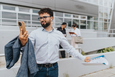 Businessperson smiling and taking a selfie on a bright urban dayの写真素材