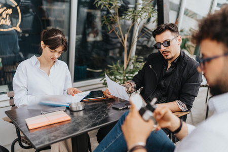 Group of colleagues collaborating together during an outdoor business meetingの写真素材