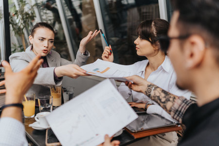 Businesspeople discussing data and teamwork strategies at a meeting tableの写真素材