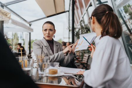 Two colleagues discussing business strategy during a meeting at an outdoor cafeの写真素材