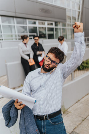 Cheerful businessman celebrates success with team colleagues in modern urban settingの写真素材
