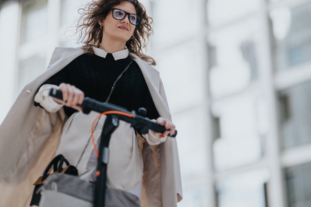 Stylish urban woman riding an electric scooter in the city, wearing a beige coat and glassesの写真素材