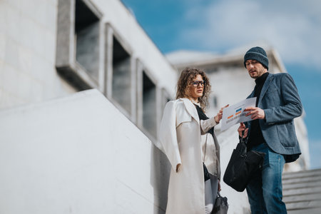 Two professionals discuss a business document outdoors, planning together in an urban settingの写真素材