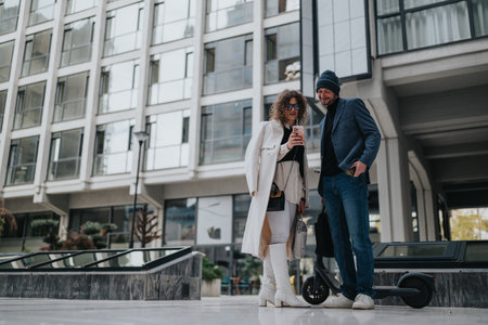 Stylish urban duo checks phone together outside a modern apartment buildingの写真素材