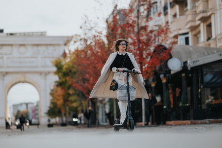Stylish woman riding an electric scooter through a city street surrounded by autumn treesの写真素材