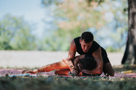 Intense outdoor wrestling match between two athletes on a sunny dayの写真素材