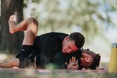 Outdoor wrestling match between two men on a mat, intense grip and teamwork in trainingの写真素材