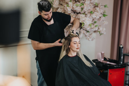 Hair stylist trims clients hair in a stylish salon with floral backdrop and soft lightingの写真素材