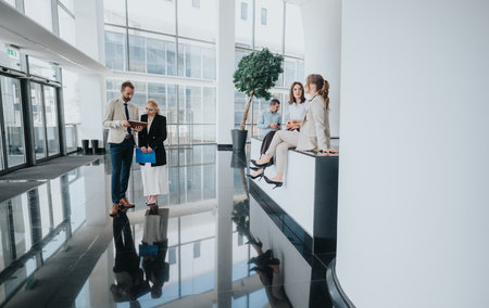 Business group in a modern office lobby discussing documents and relaxing by a stylish seating areaの写真素材