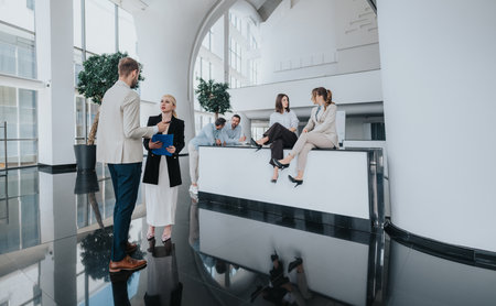 Business meeting and casual chat in a modern office lobby with colleaguesの写真素材