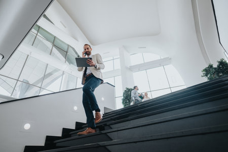 Businessman on stairs talking on phone with tablet in modern office lobbyの写真素材