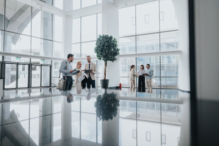 Colleagues in a bright modern lobby discuss and share ideas with tablets during a casual business breakの写真素材