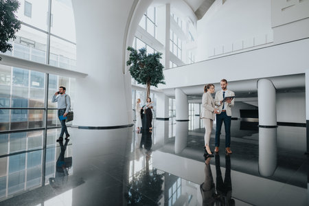 Modern office lobby scene with businesspeople discussing documents and colleagues near curved archesの写真素材